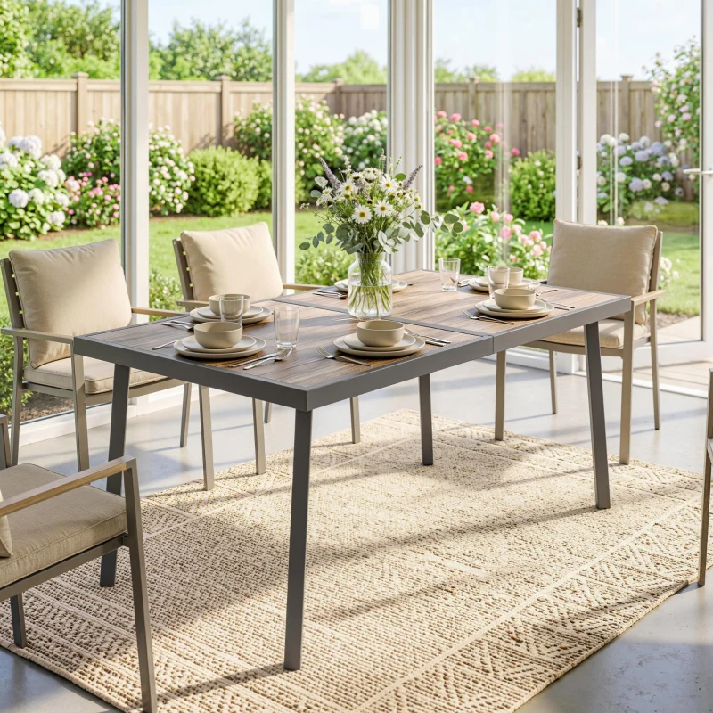 Outsunny Tavolo da Giardino Rettangolare per 6 Persone con Piano Effetto Legno, in Acciaio e PSPC, 145x85x72 cm, Grigio
