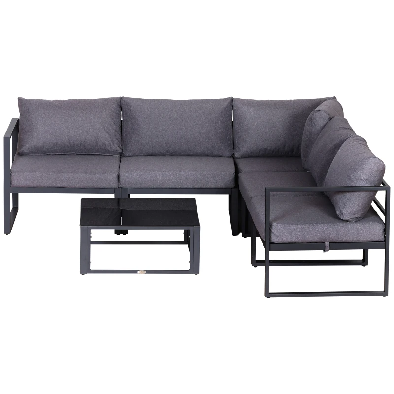 Outsunny Conjunto de Jardim 6 pçs Conjunto de Sofá Exterior Mobiliário de Jardim Alumínio + Poliéster + Vidro Temperado Cinza 4 x Poltronas 1 x Sofá de Canto 1 x Mesa de Apoio Almofadas para 4–5 Pessoas