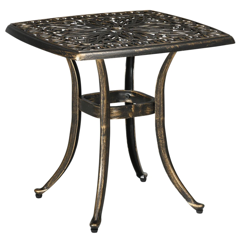 Outsunny Mesa de jardim, design vintage decorativo, com orifício para guarda-sol, alumínio fundido, cor: Bronze, 54 x 54 x 52,5 cm