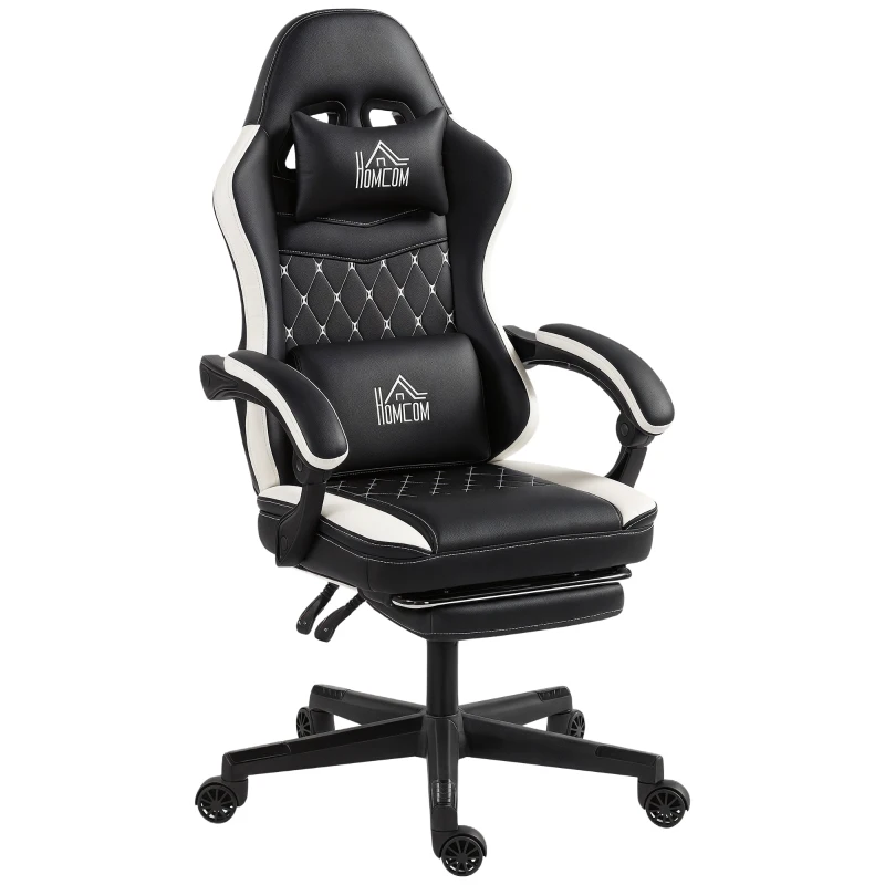 HOMCOM Cadeira gaming com apoio para os pés, cadeira de computador com apoio de cabeça & almofada, revestimento em couro sintético, giratória, altura ajustável, Metal, Plástico, Preto+Branco