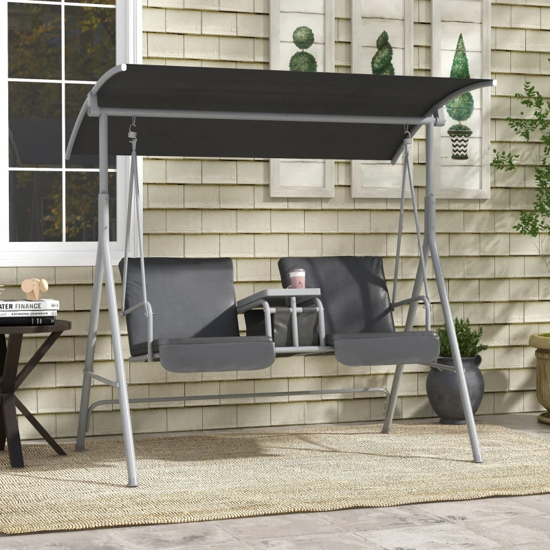 Outsunny Baloiço Hollywood, 2 lugares, com dossel e mesa, estrutura metálica, até 180 kg, 175x110x165 cm, Preto