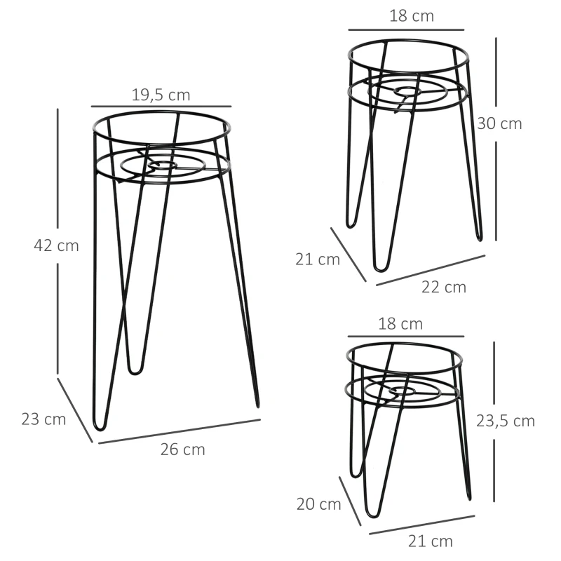 Outsunny Conjunto de 3 Suportes para Plantas, 23,5/30/42 cm de altura, Suportes para Vasos em Metal, Banquinhos para Flores para Sala de Estar, Jardim, Varanda, Preto