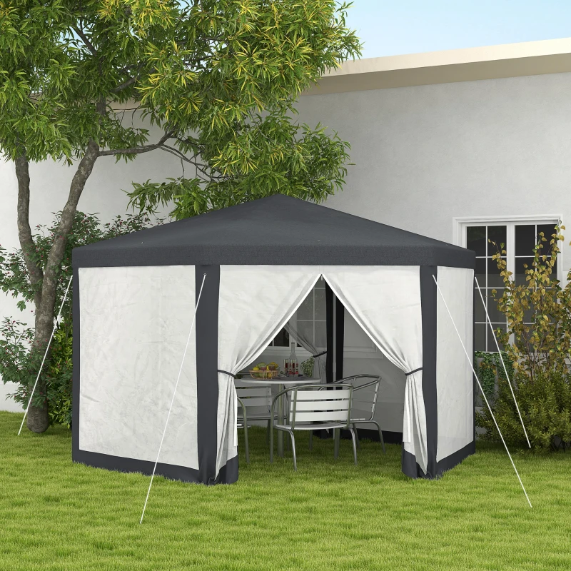Outsunny Pavilhão de jardim, hexagonal, cortinas de rede, estrutura metálica, 3,94x3,412x2,5m, Cinza escuro