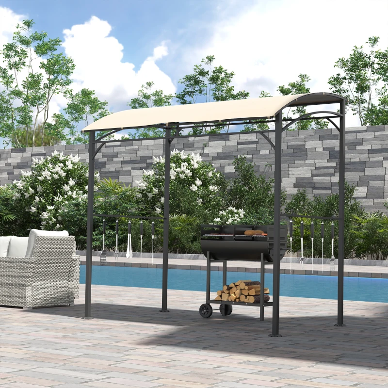 Outsunny Pavilhão para Churrasco, Cobertura para Churrasqueira, Proteção contra Chuva, Ganchos para Utensílios, Estrutura de Aço, Bege+Preto, 215 x 150 x 182/220 cm