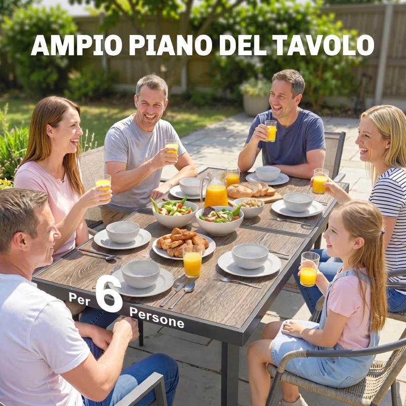 Outsunny Tavolo da Giardino Rettangolare per 6 Persone con Piano Effetto Legno, in Acciaio e PSPC, 145x85x72 cm, Grigio