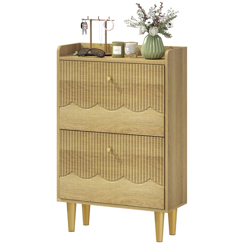 HOMCOM Narrow Shoe Cabinet, Modern Shoe Storage Cabinet with 2 Flip Drawers, Oak