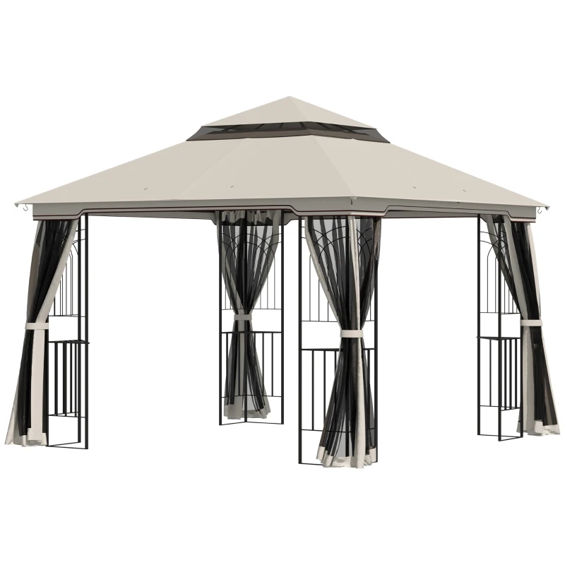 Outsunny Pavilhão de jardim com teto duplo Pavilhão Tenda de jardim Tenda de festa com 4 x parede lateral Metal+Poliéster Bege 2,99 x 2,99 x 2,74 m