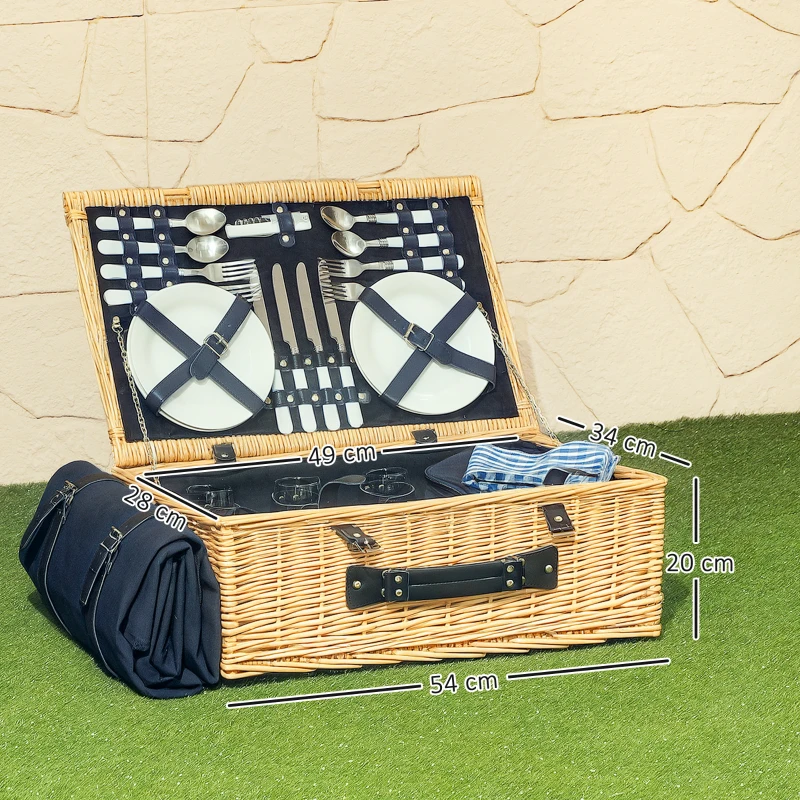 Outsunny Cesto de vime para piquenique Maleta de piquenique para 4 pessoas com compartimento térmico isolado Conjunto de talheres Madeira natural