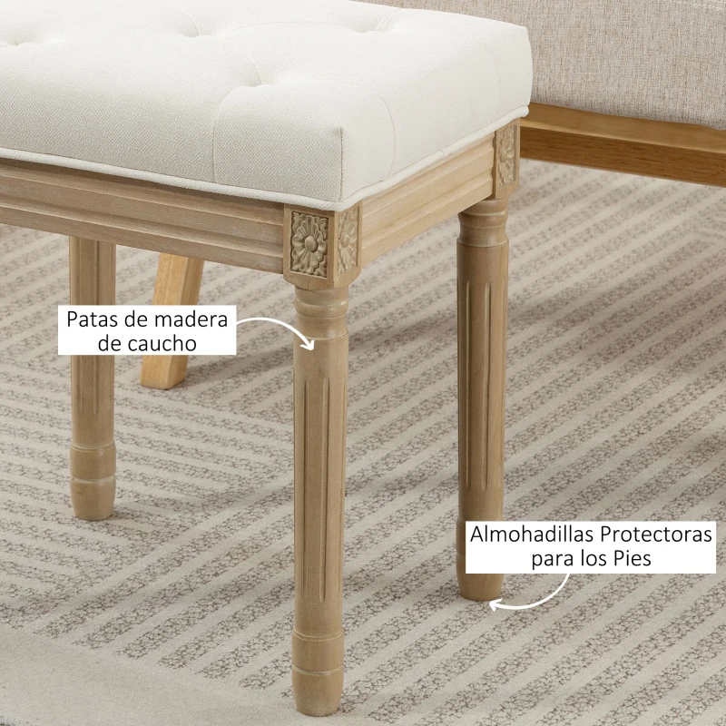 HOMCOM Reposapiés Salón Estilo Rústico Tapizado en Lino Sintético con Madera Maciza Patas Talladas Asiento Acolchado Beige