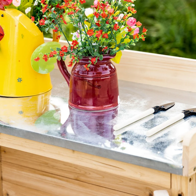 Outsunny Armário de jardim com 2 compartimentos, superfície de trabalho em metal com rebordo, Madeira natural, 83 x 40 x 92 cm