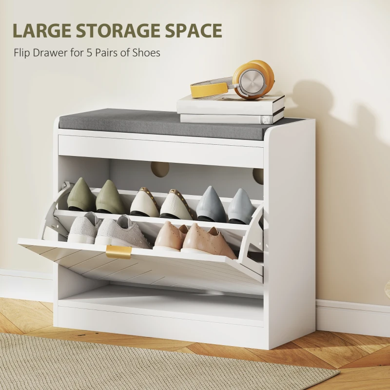 HOMCOM Shoe Storage with Seat, Upholstered Entryway Bench, Shoe Bench with 1 Flip Drawer and 4 Vents for 5 Pairs of Shoes
