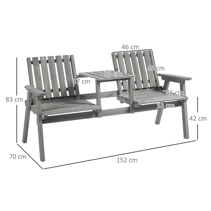 Outsunny Banco de Jardim com Mesa Conjunto de Assentos Mobiliário para Jardim com Furo para Guarda-sol Banco 2 Cadeiras Madeira Maciça Cinza 152x70x83 cm