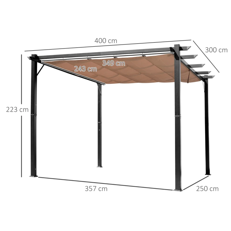Outsunny Pérgola Pavilhão com toldo de tecido ajustável 3 x 4 m - Cobertura de varanda em alumínio para proteção solar, terraço e jardim - Cinza+Marrom