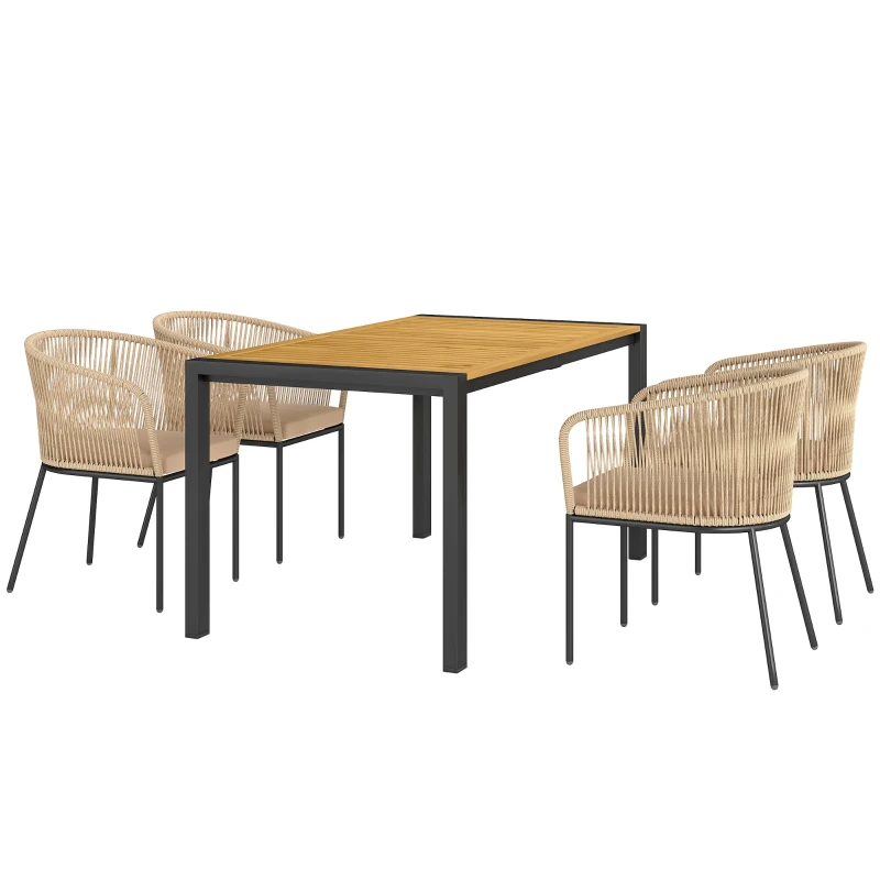 Outsunny Conjunto de jardim 5 peças, 4 cadeiras, 1 mesa, rattan sintético, estrutura em aço, almofadas laváveis, para terraço, Caqui
