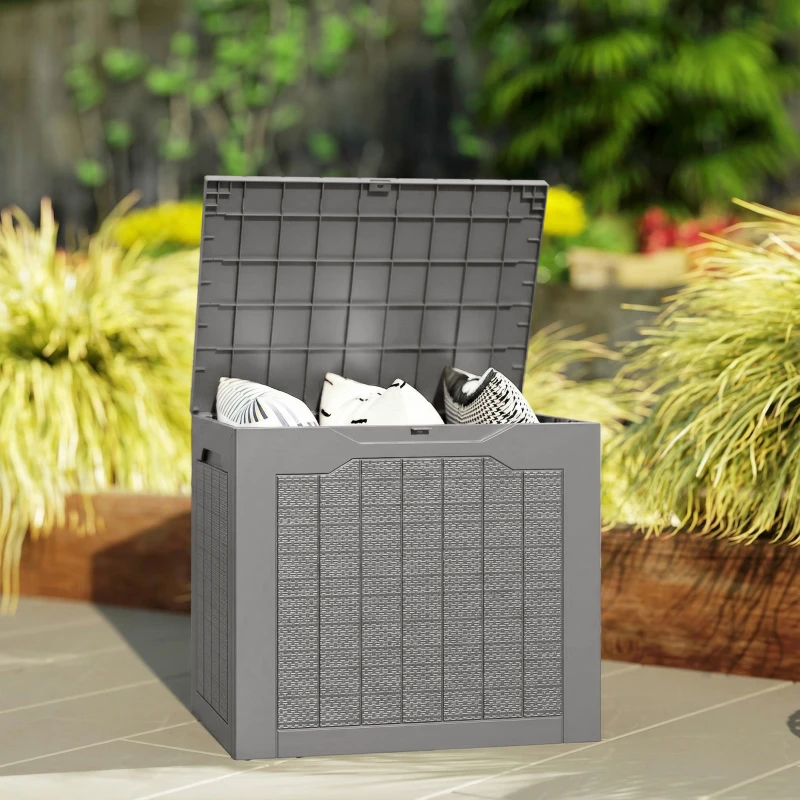 Outsunny 73L Plastic Garden Storage Box, Outdoor Storage Box with Handles, Waterproof Outdoor Storage Container, Khaki