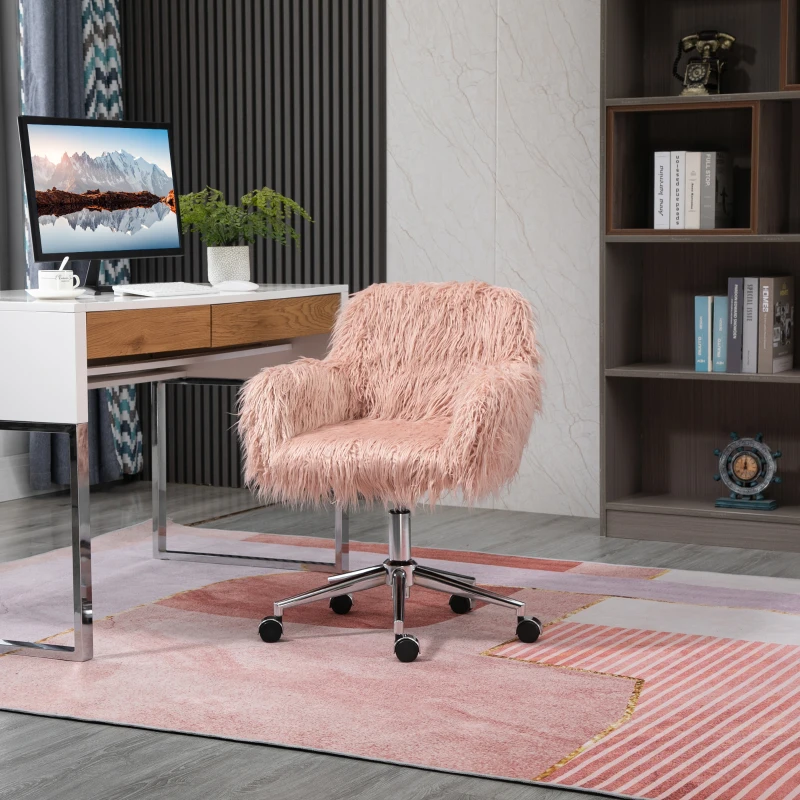 Vinsetto Cadeira giratória de secretária, cadeira de computador, cadeira de maquilhagem com assento em pelo sintético, ajuste de altura, para meninas, pelo sintético, espuma Rosa+Prata 57 x 60 x 75-85 cm