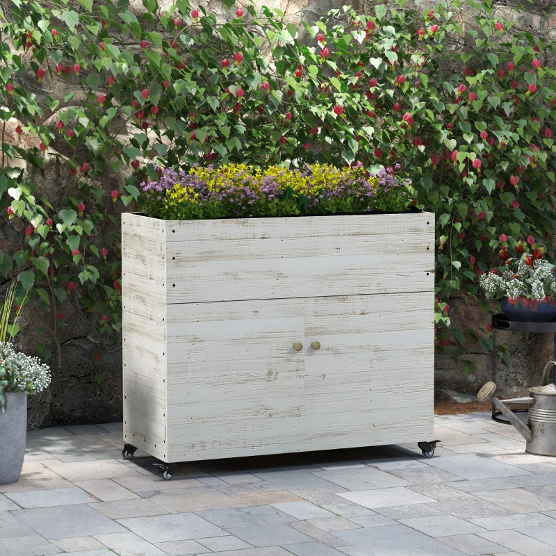 Outsunny Canteiro elevado com rodízios, compartimento com armário, forro interior, visual envelhecido, 110x50x95 cm, Branco