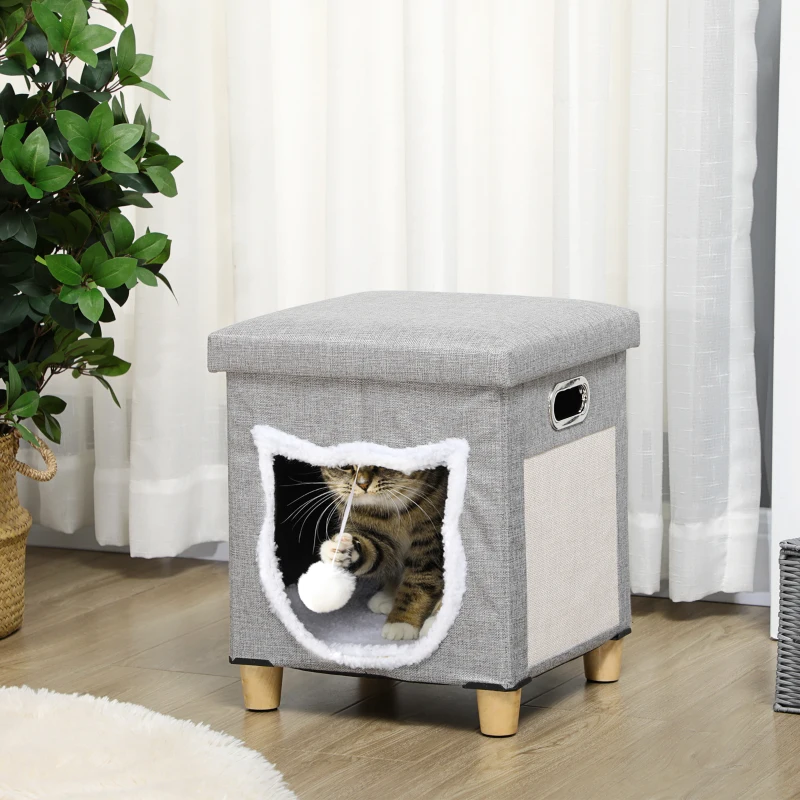 PawHut Casetta per Gatti con Tiragraffi, Cuscino e Pallina, in Legno e Poliestere, 35.5x35.5x42.5 cm, Crema e Grigio