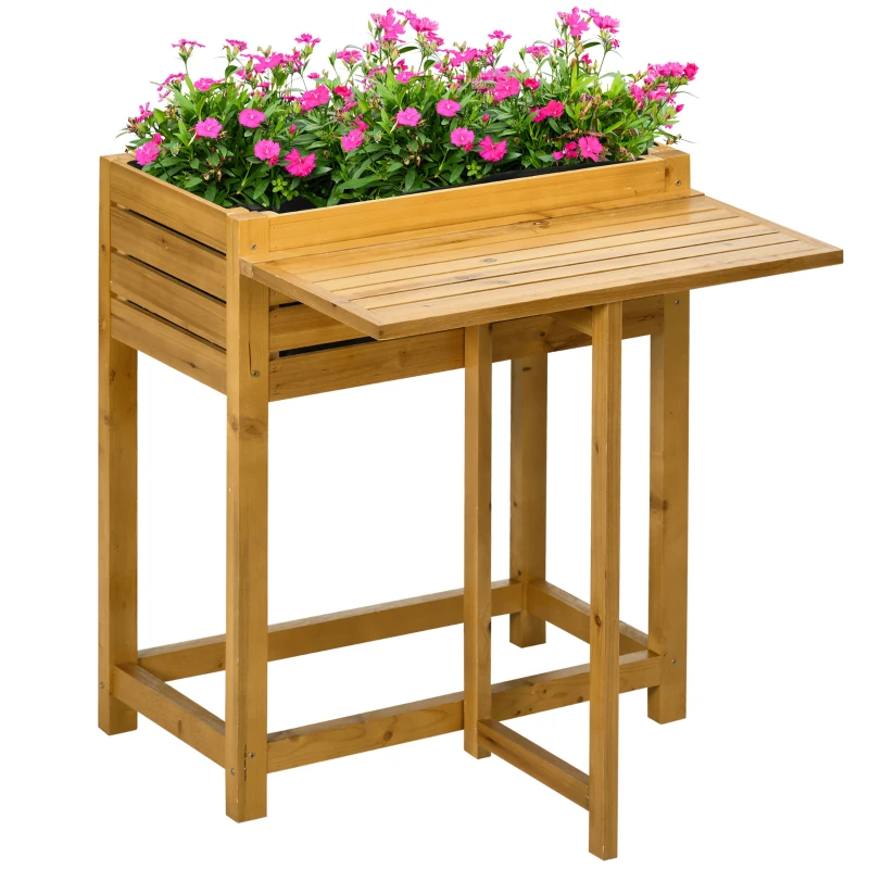 Outsunny Canteiro Elevado com superfície de trabalho dobrável, madeira maciça lacada, forro interno em tecido não tecido, 64cm x 63cm x 74,5cm
