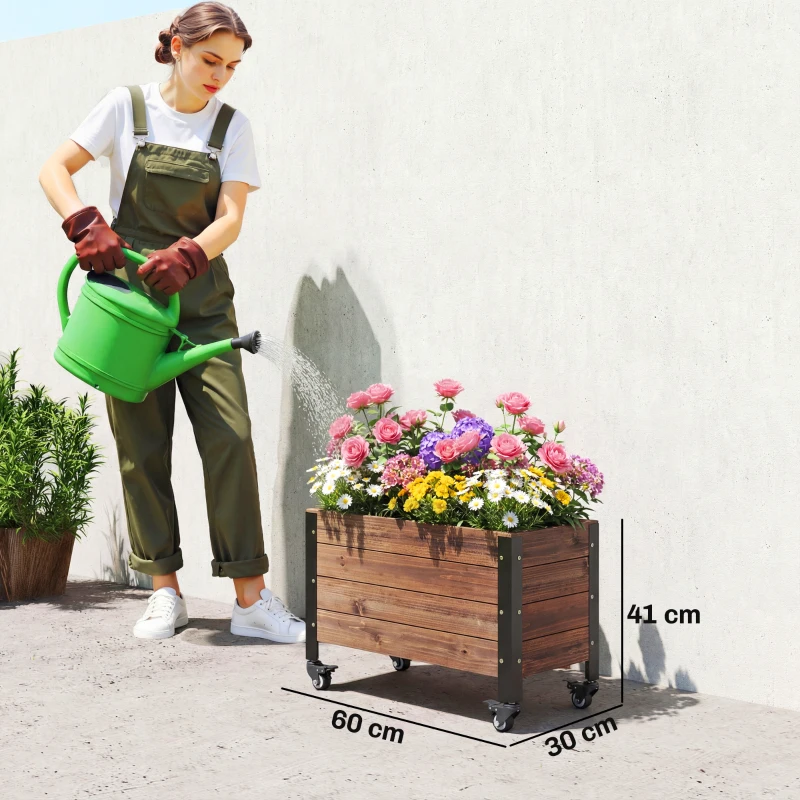 Outsunny Jardinera Exterior de Madera con Ruedas con Orificio de Drenaje y Tela no Tejida Macetero 60x30x41 cm Marrón Oscuro