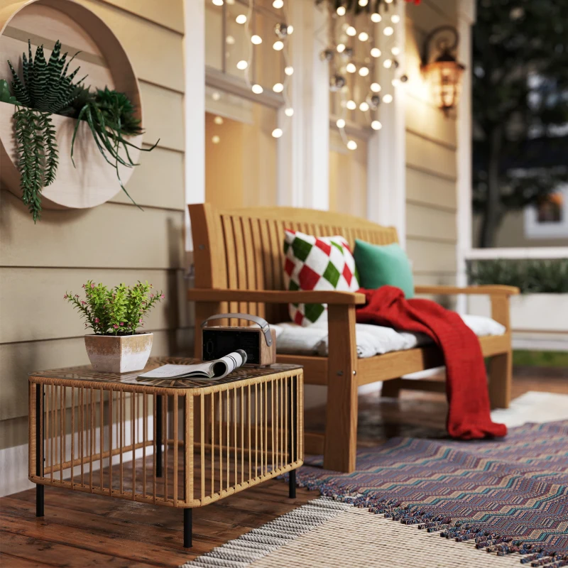 Outsunny Mesa de jardim em Polyrattan, 65 x 65 x 43 cm, resistente às intempéries Mesa lateral quadrada com tampo de vidro Madeira natural