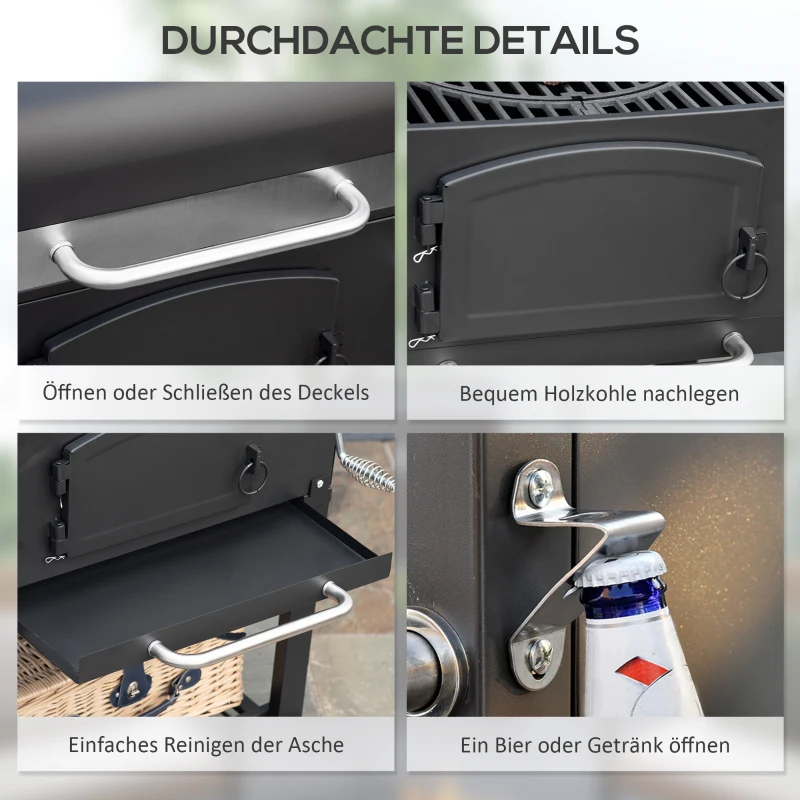 Outsunny Grelhador a carvão BBQ, Defumador, compartimento de carvão ajustável, prateleiras laterais, 124 x 66 x 112 cm, Preto