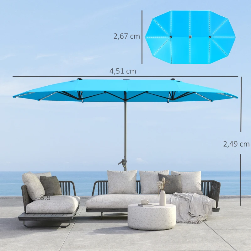 Outsunny Guarda-sol duplo com luzes solares, Alumínio, Poliéster, Proteção UPF50+, Resistente aos UV, Guarda-sol para terraço, Azul