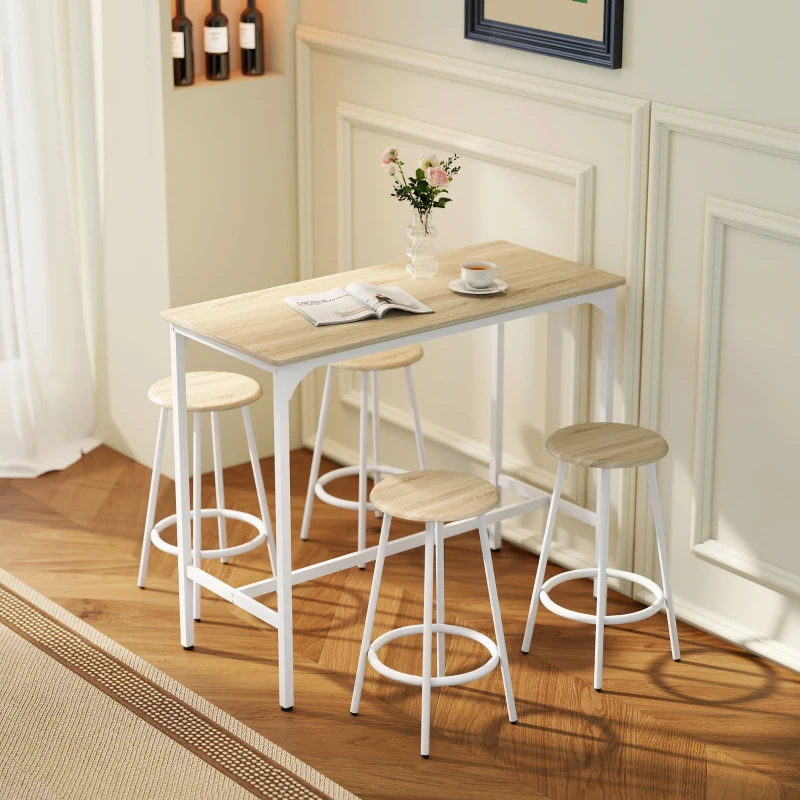 HOMCOM 5 Piece Bar Table Set for 4 with Stools, Metal Frame, Footrest for Kitchen Natural Wood
