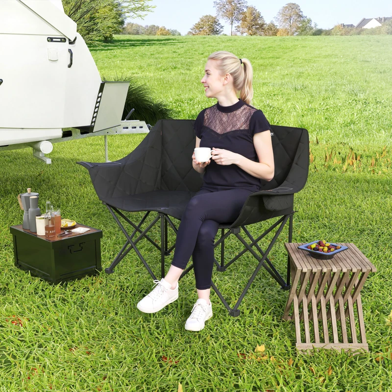 Outsunny Cadeira dobrável 2 lugares Cadeira de camping com bolsa de transporte Outdoor suporta até 250kg 145 x 60 x 92 cm Preto