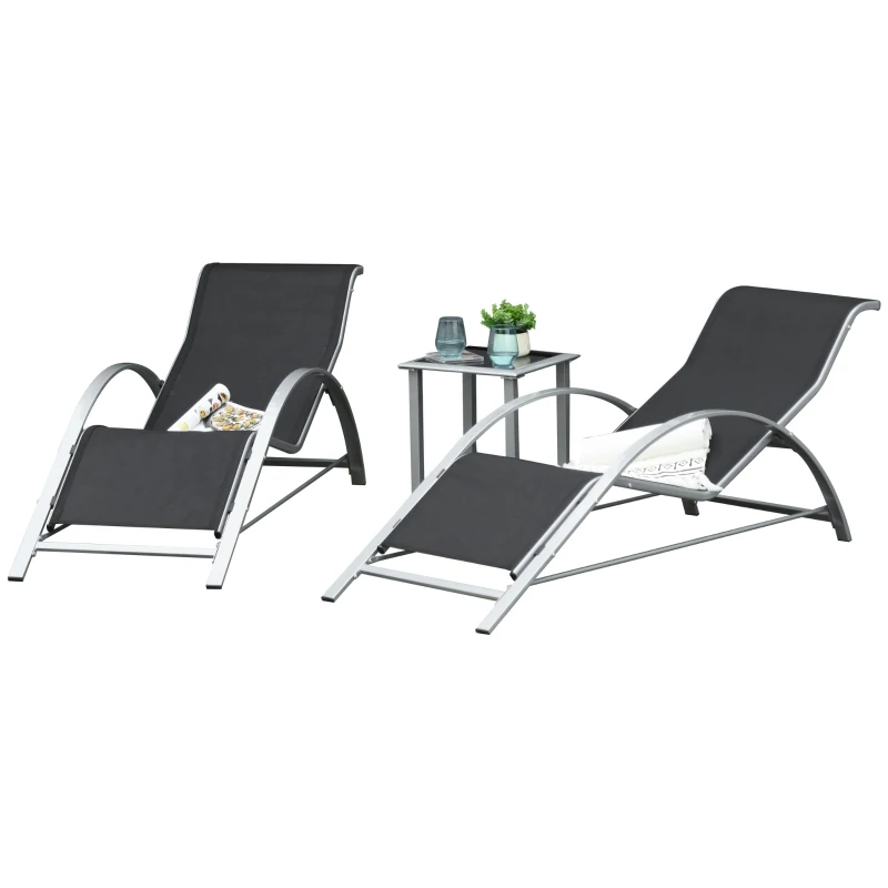 Outsunny Conjunto de espreguiçadeiras em metal com malha 3 peças. Espreguiçadeira com mesa lateral Conjunto de jardim com 2 espreguiçadeiras, 1 mesa lateral Conjunto de assentos para jardim, varanda 59B x 169T x 66H cm Preto+Prata