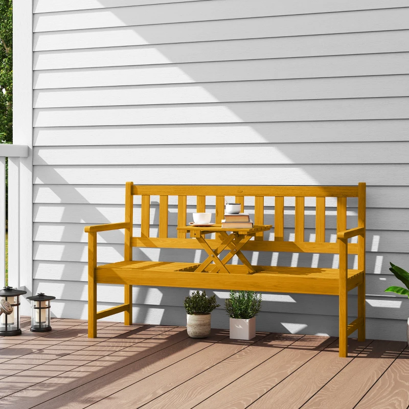Outsunny Banco de Jardim 2 Lugares em Madeira Banco Resistente às Intempéries com Encosto e Apoios de Braços Capacidade 320 kg 149x56,5x89 cm Teca
