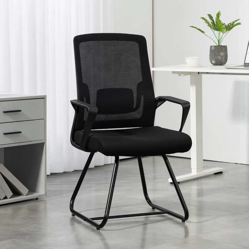 HOMCOM Cadeira de Escritório Cadeira para Visitantes com Apoio de Braço, Apoio Lombar, Encosto em Malha para Escritório, Sala de Conferências Preto
