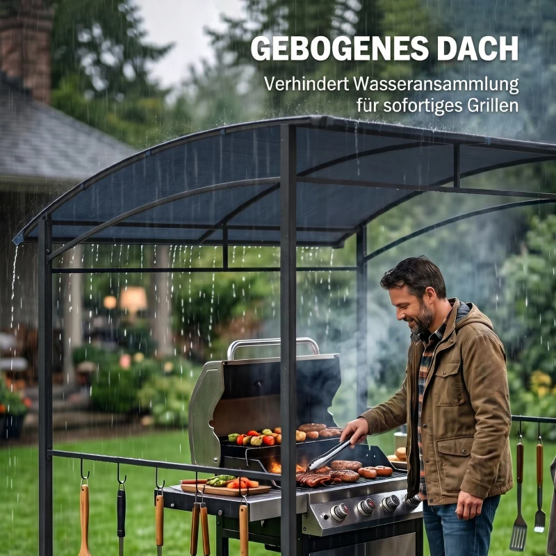 Outsunny Grillpaviljoen, Grillafdak, Regenbescherming, Haken voor Keukengerei, Stalen frame, grijs, 215 x 150 x 174/220 cm