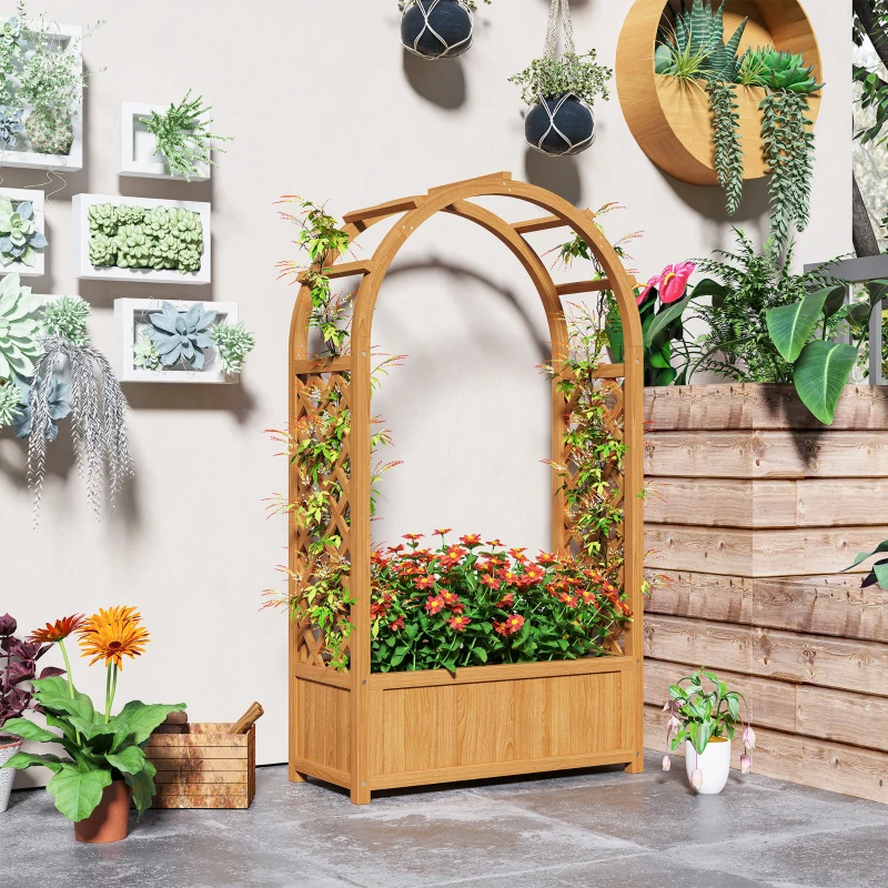 Outsunny Canteiro Elevado Vaso com Treliça, Arco Treliça Vaso de Madeira 83 x 36 x 145cm Castanho claro