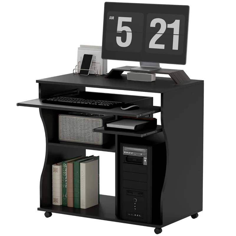 HOMCOM Mesa para computador com rodas, secretária com arrumação, 80 x 48 x 75 cm, Preto