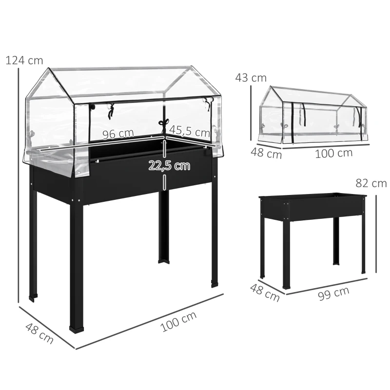 Outsunny Canteiro elevado com teto de estufa, Caixa de plantas elevada com orifícios de drenagem, 100 x 48 x 124 cm, Preto