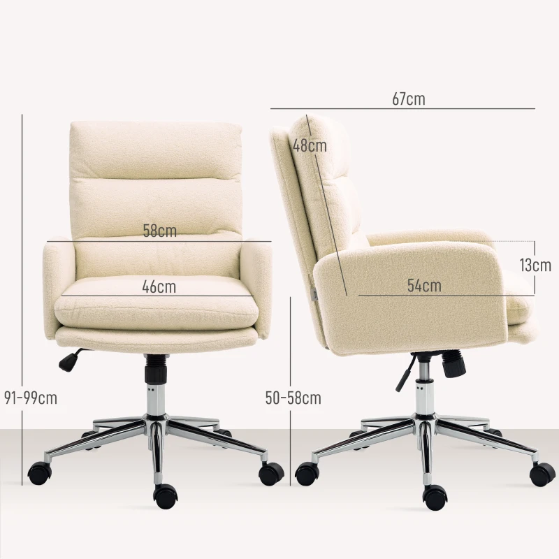HOMCOM Cadeira de Escritório, Cadeira Estofada para Secretária, Função de Inclinação, Giratória, com Rodízios, Creme Branco