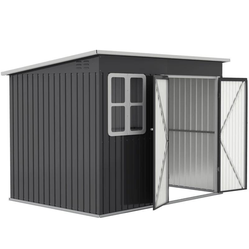 Outsunny Abrigo metálico para armazenamento de ferramentas de jardim, com janela, porta larga, 260 x 177 x 190 cm, cinza escuro