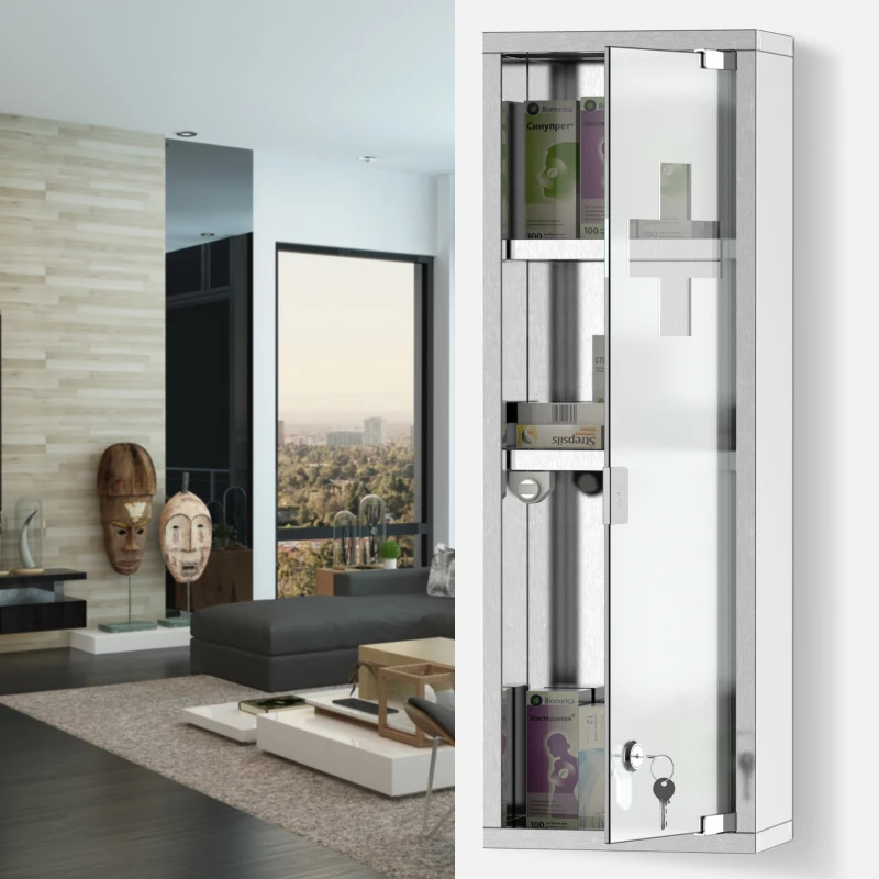 kleankin Armoire à Pharmacie 2 étagères 3 Niveaux 20L x 12l x 58H cm Porte Verre trempé Symbole Croix Acier INOX.