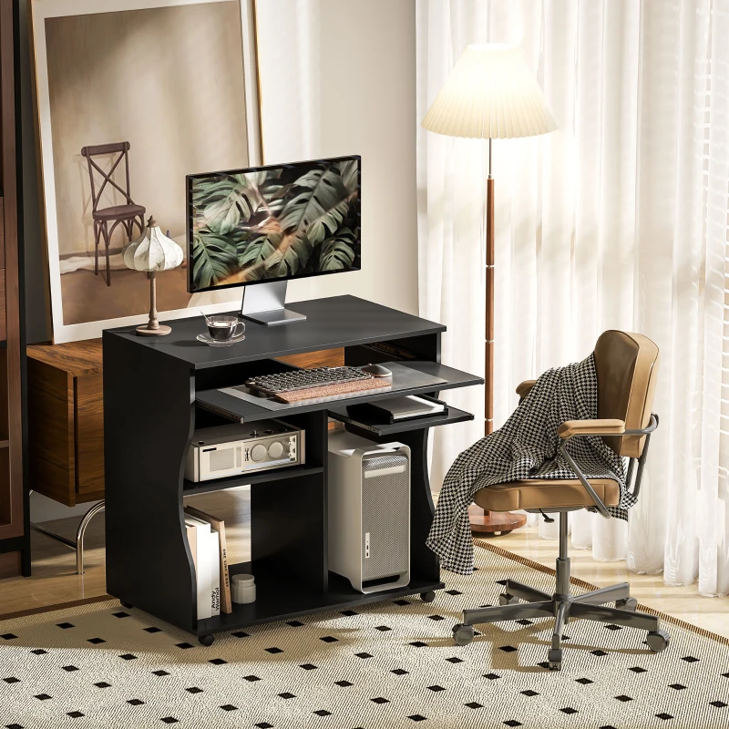 HOMCOM Mesa para computador com rodas, secretária com arrumação, 80 x 48 x 75 cm, Preto