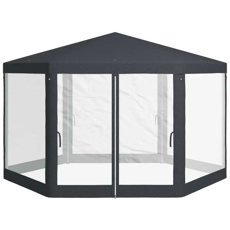 Outsunny Pavilhão de jardim, hexagonal, cortinas de rede, estrutura metálica, 3,94x3,412x2,5m, Cinza escuro
