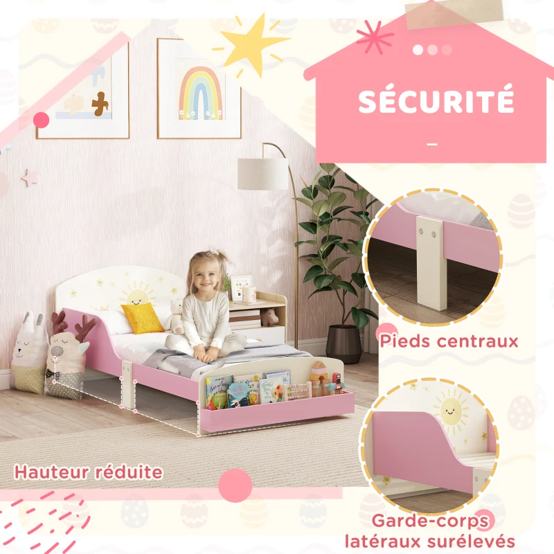 AIYAPLAY Lit enfant 70 x 140 cm, lit pour enfant avec barriere de securite et sommier à lattes, espace de rangement, rose