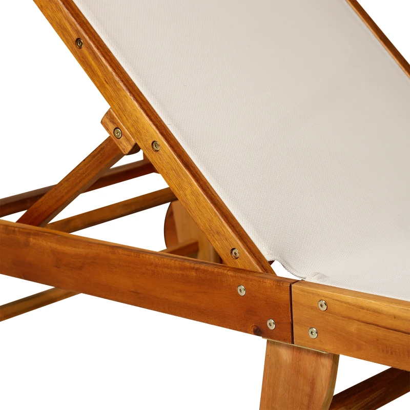 Outsunny Espreguiçadeira Reclinável Relax para Jardim Móveis de Jardim Madeira de Acácia Têxtil Natural+Branco 198 x 55 x 30-88,5 cm
