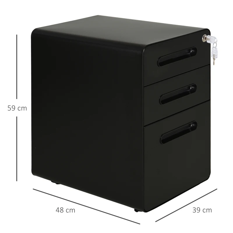Vinsetto Gaveteiro Móvel com 3 Gavetas, Arquivo com Rodízios e Fechadura, Armário de Escritório com Pastas Suspensas e Compartimento para Canetas, Gaveteiro para Mesa 39x48x59cm Preto
