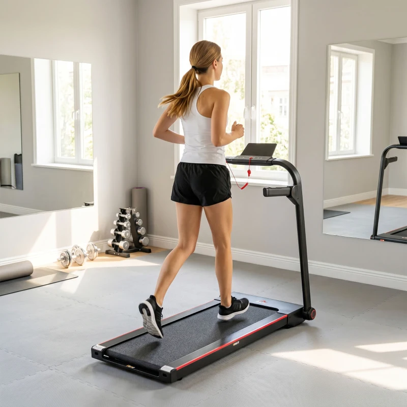 HOMCOM 750W Folding Treadmill, 1-14km/h Electric Running Machine w/ Wheels, Safety Button, LED Monitor, Phone Holder for Home Office Jogging Fitness Exercise Workout