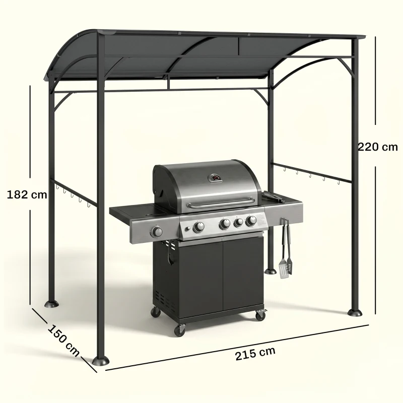 Outsunny Pavilhão para churrasco, Cobertura para churrasqueira, Proteção contra chuva, Ganchos para utensílios, Estrutura de aço, Cinza escuro, 215 x 150 x 182/220 cm
