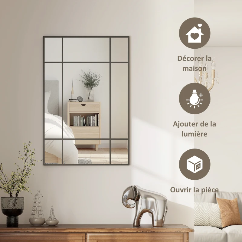 HOMCOM Miroir mural verrière rectangulaire style fenêtre, horizontal ou vertical avec 4 crochets, en métal noir - 90x60 cm