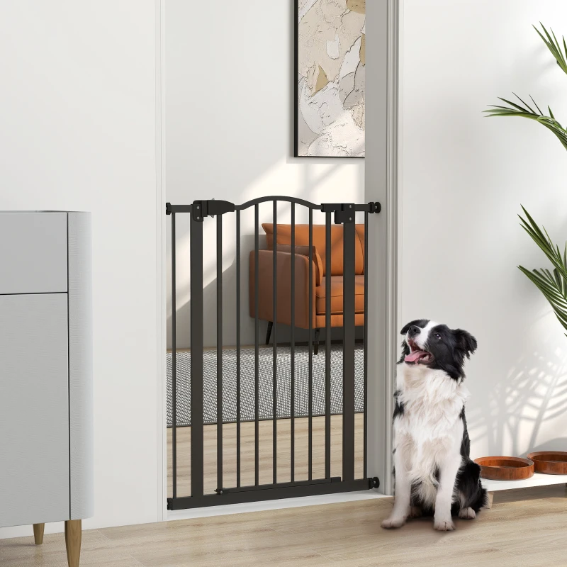 PawHut Barrera de Seguridad para Perros 74-80 cm con 2 Extensiones Montaje a Presión Doble Bloqueo para Puerta Escalera Negro