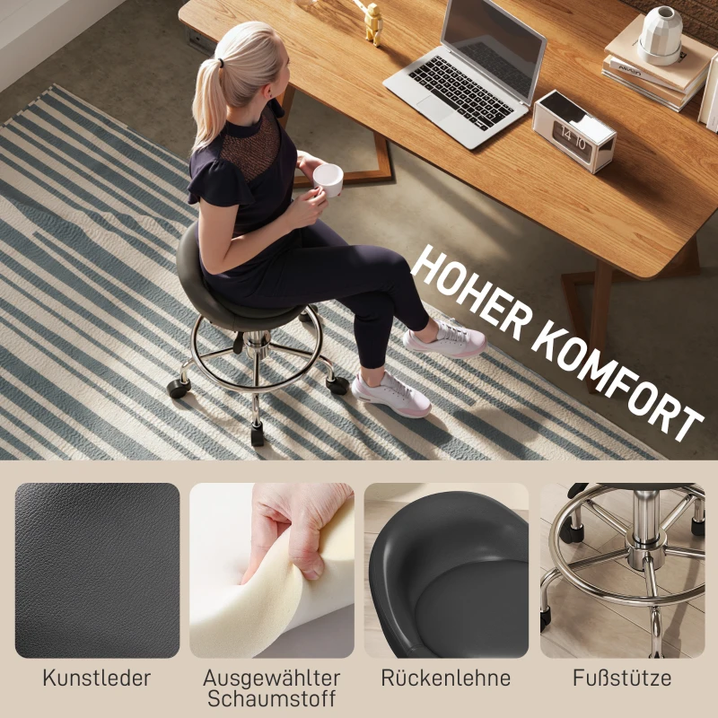 HOMCOM Rollhocker höhenverstellbar mit Rückenlehne Drehhocker 59-75 cm Arbeitshocker 360° drehbar Schwarz