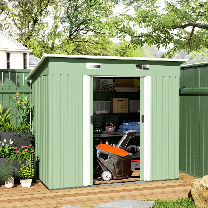 Outsunny Gerätehaus Metall 2,3 m² 207 x 130 x 182 cm Geräteschuppen mit Pultdach Fenster Bodenrahmen Grün(m-10)